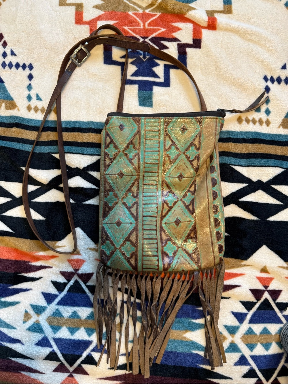 Turquoise Patterned Fringe Crossbody Bag - Women